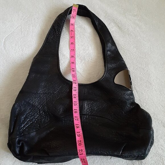 Halston Heritage Women's Black Pebbled Leather Metal Hinge Monogram Hobo Purse - Picture 15 of 15